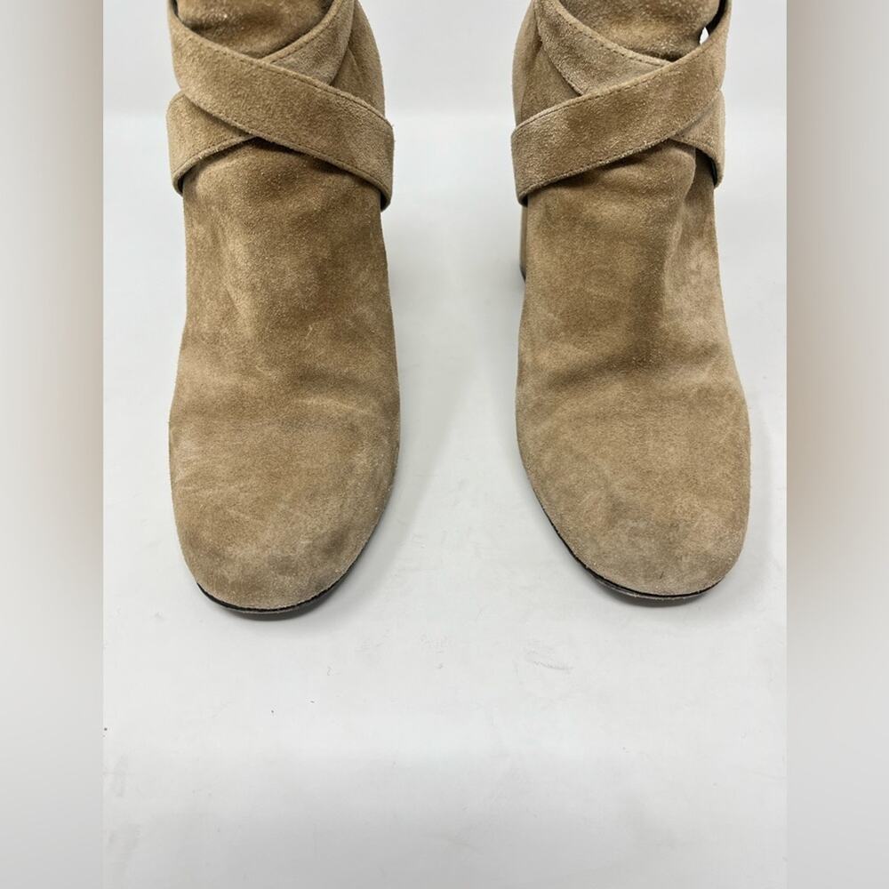 Saint Laurent Babies 90 Cross Ankle Boot Tan /Taupe Suede Block Heel YSL logo 37 - Picture 3 of 10